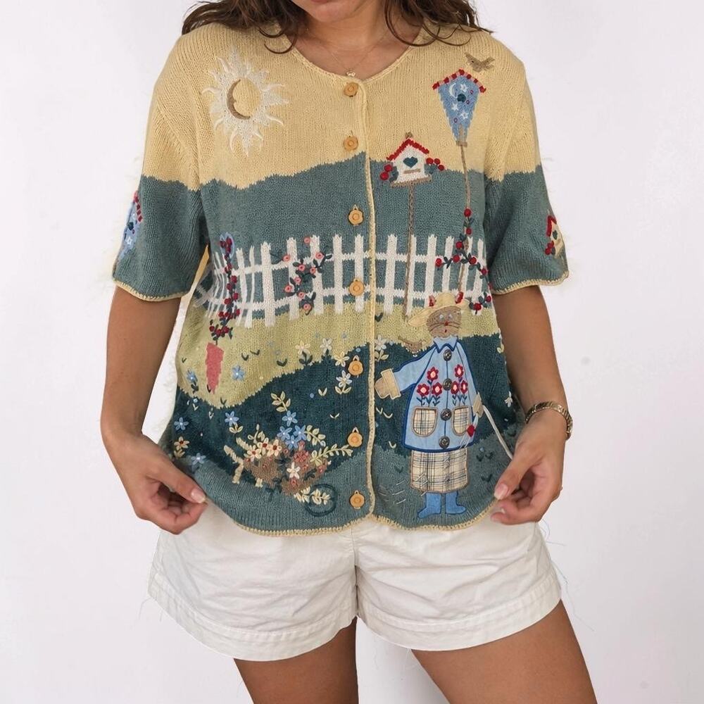 Y2K Christopher & Banks Hand Embroidered Cat Garden Cardigan Sweater Large